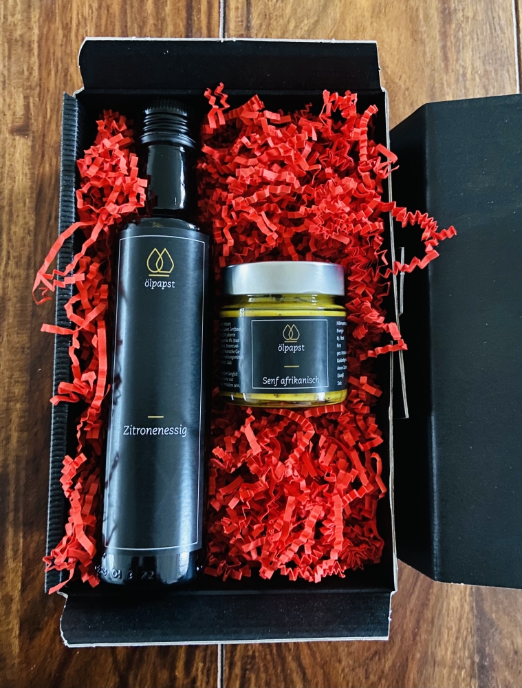 Kleiner Geschenkkarton Zitronenessig & Senf afrikanisch
